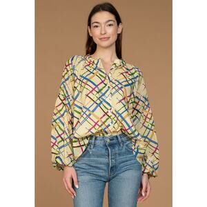 Olivia James the Label $198 Blouse Size Medium Cream Emory Top Mad for Plaid (6)